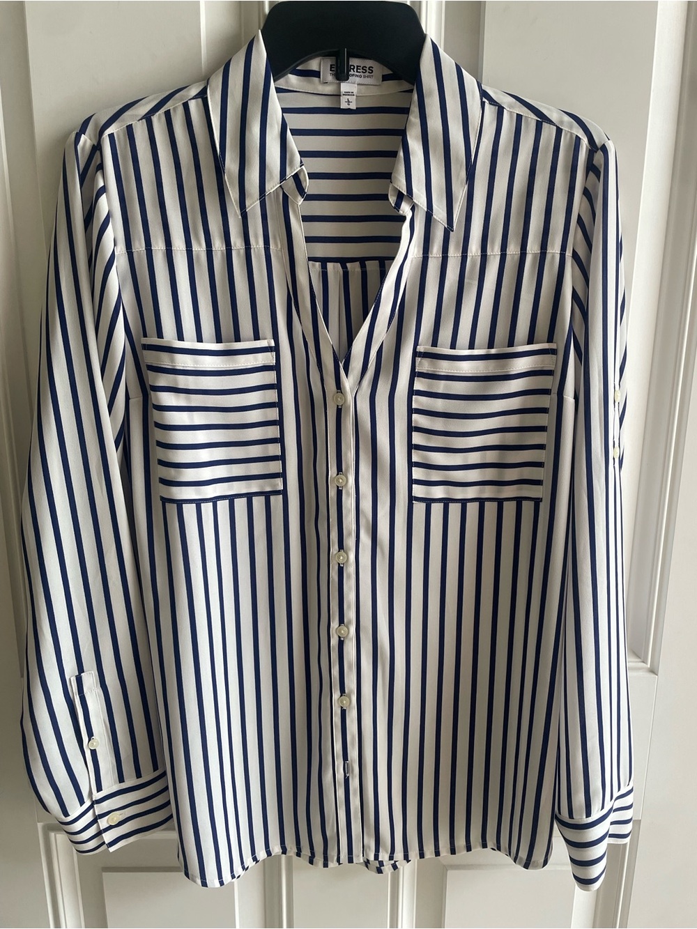 Express White and Navy Vertical Stripe Button-Down Shirt